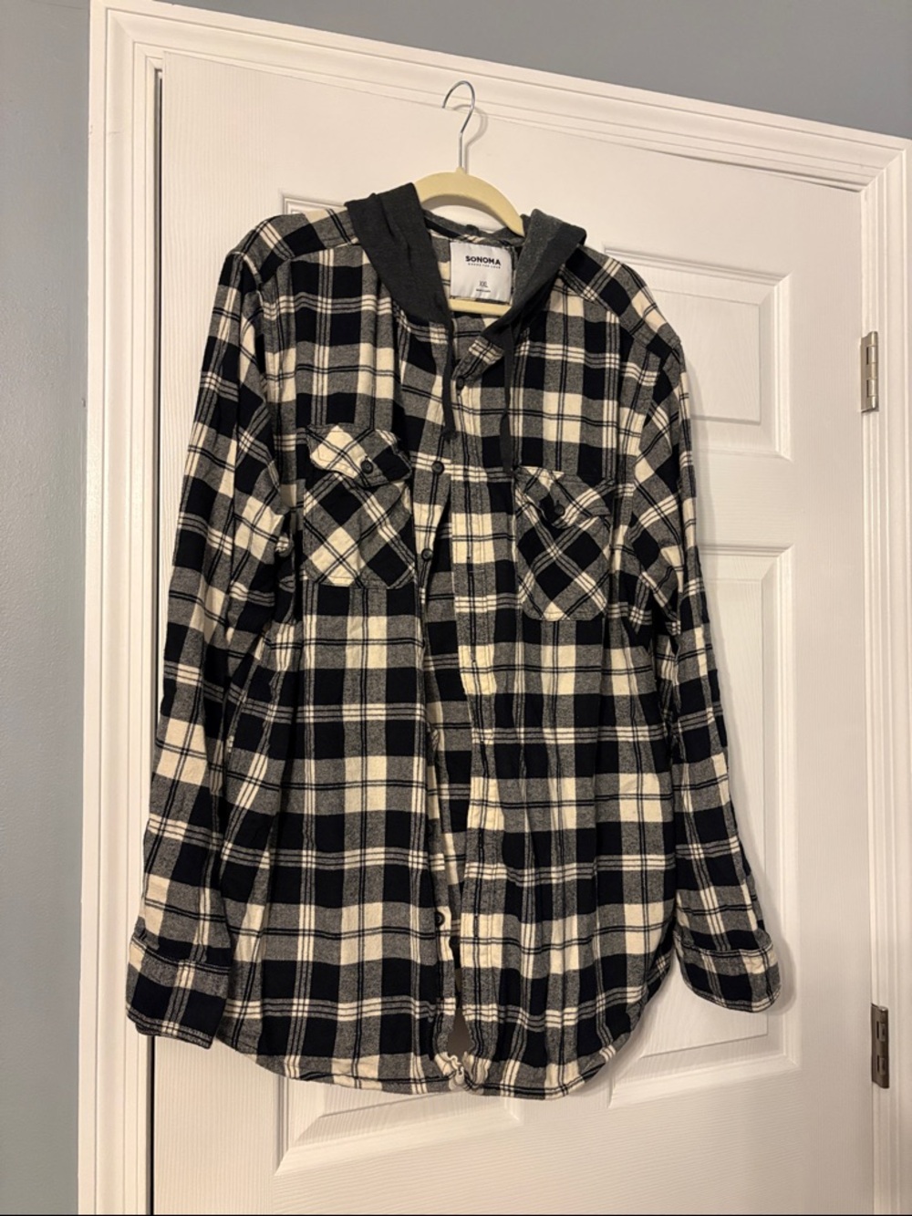 Sonoma Black and Cream Plaid Hooded Shirt Jacket